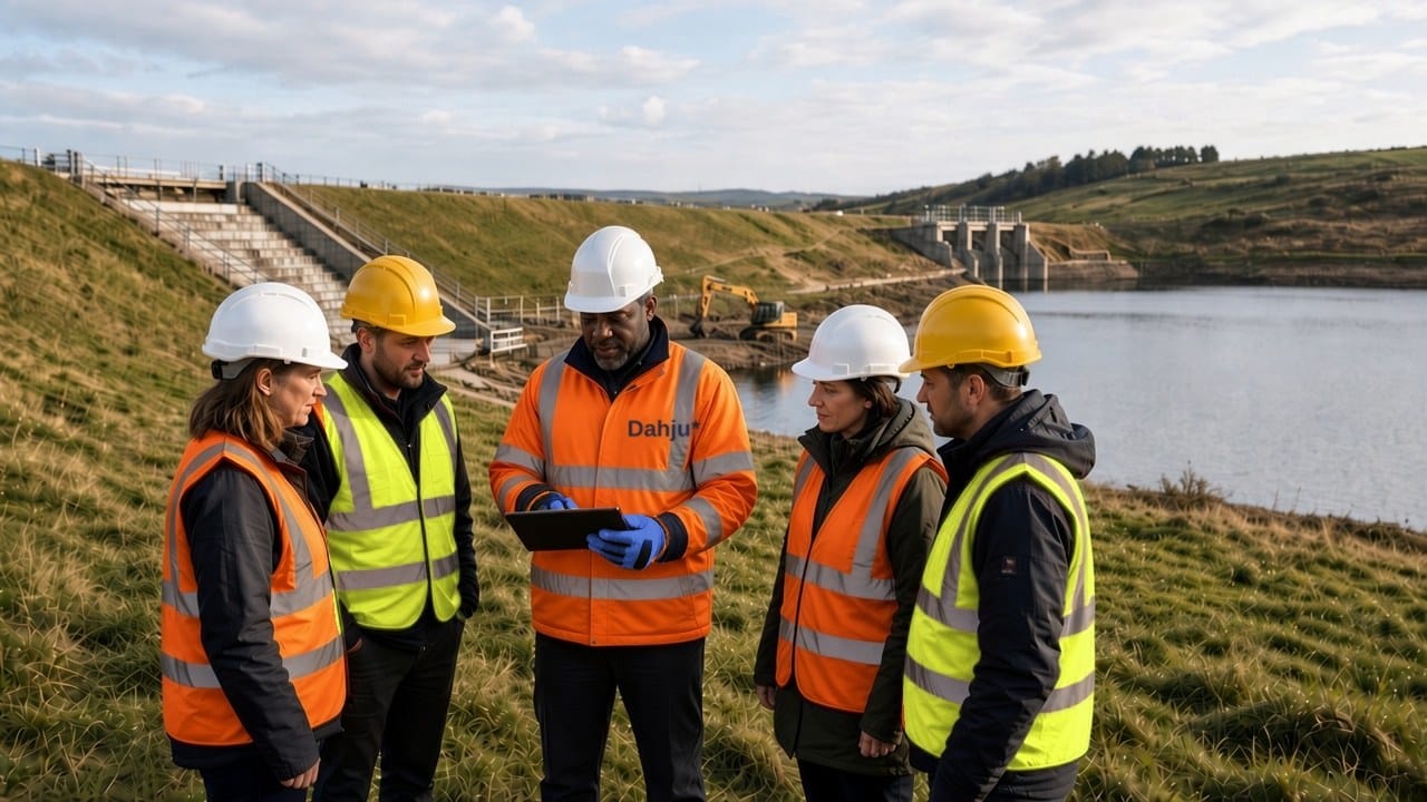 A Dahju field team in orange and yellow hi-vis on a grassy reservoir embankment, gathered around a supervisor in a Dahju branded hi-vis jacket and white hard hat who is capturing site evidence on a tablet.