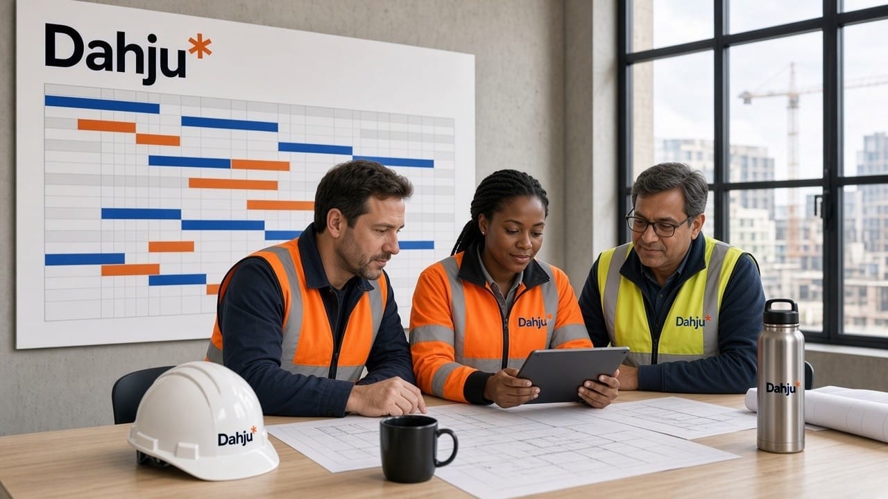 A programme team in hi-vis vests reviewing live progress on a tablet in a site office, with a Dahju programme progress board on the wall and a Dahju hard hat and flask on the table.