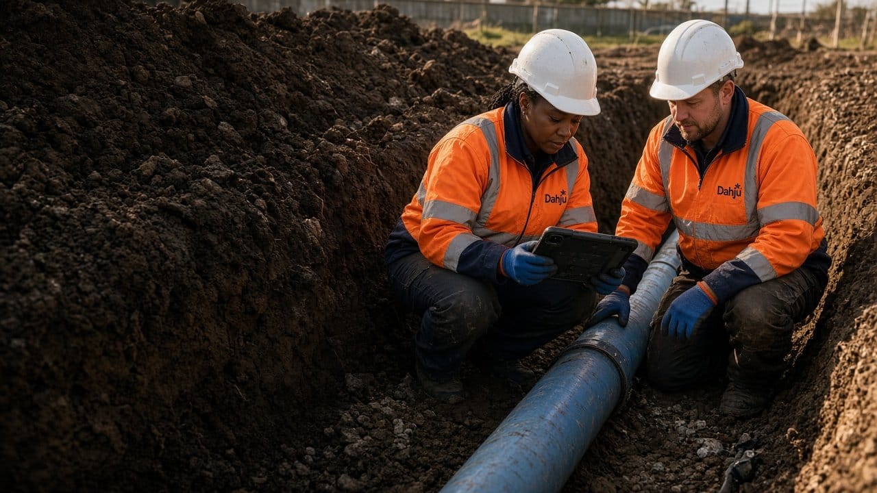 A site engineer kneeling at the work face, capturing evidence of a pipe joint on a tablet.