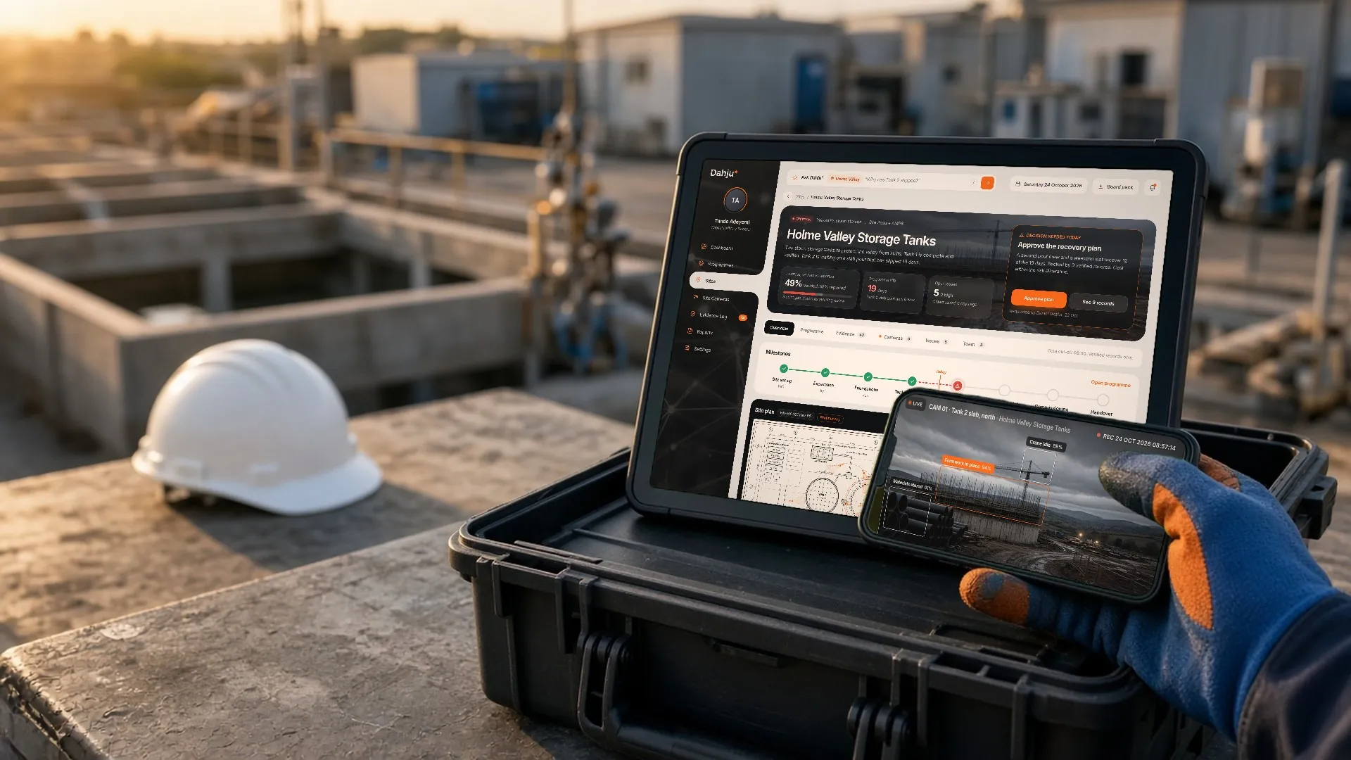 A tablet in a rugged case at a treatment works at golden hour showing a Dahju* site page, and a gloved hand holding a phone with a live Dahju* site camera view.